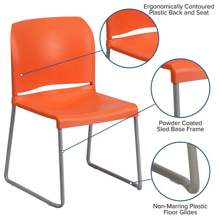 Set of 5 Multifunctional Stackable Chair, Plastic Seat With Sled Base, Orange