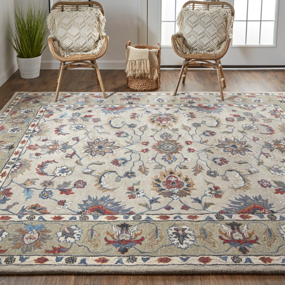 Weave & Wander Mattias Persian Rug, Stone Gray/Red/Blue, 10' X 14'