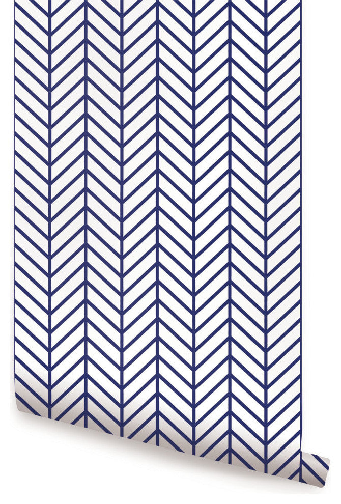 Herringbone Line Peel and Stick Vinyl Wallpaper , Navy, 24"w X 60"h