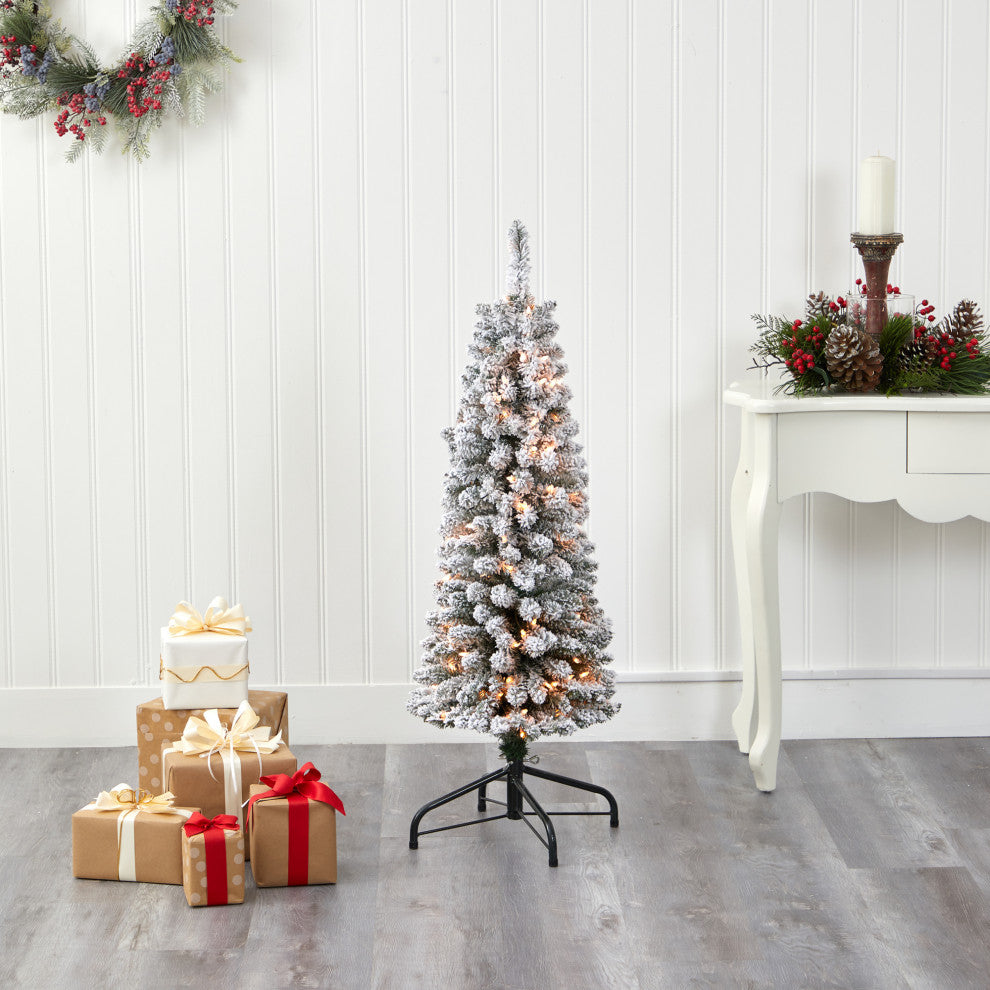 Nearly Natural 4ï¿½ Flocked Pencil Artificial Christmas Tree with 100 Clear Lights
