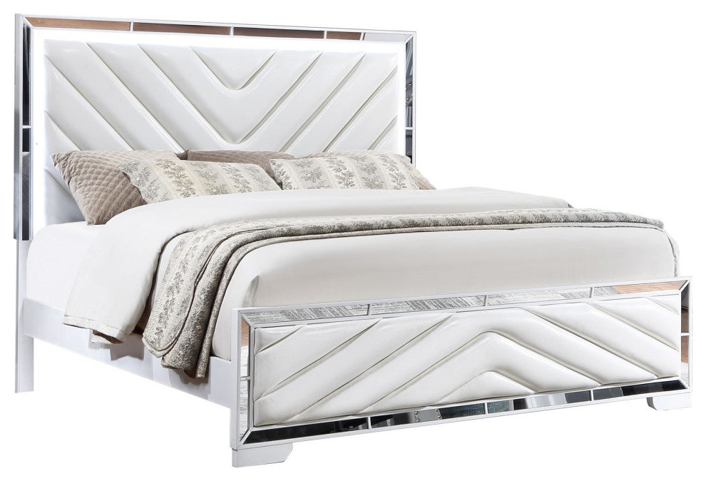 Benzara BM283634 Koi Pine Wood King Size Bed, Velvet, V Channel Tufting, White