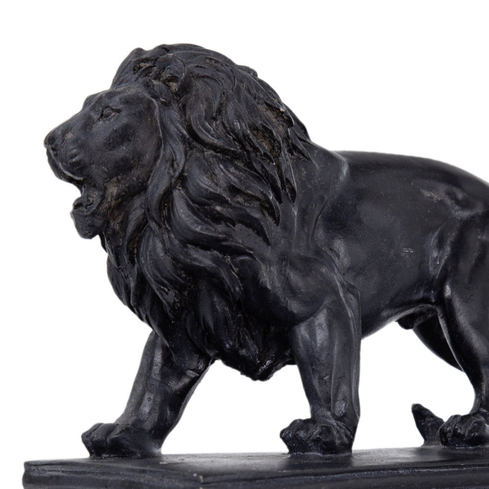 Benzara 2-Piece Set Bookends, Lion Statuette Figurines, Glossy Black Resin