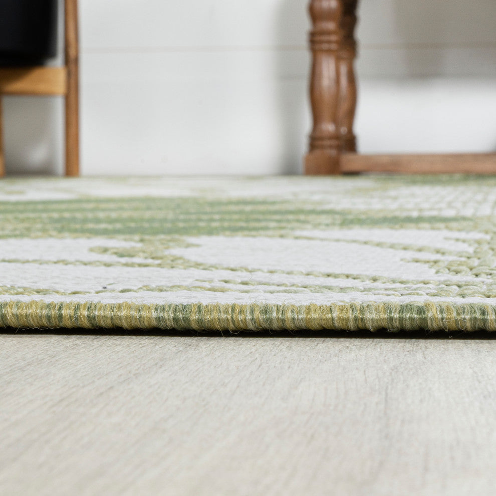 Zinnia Modern Floral Textured Weave Indoor/Outdoor, Green/Cream, 5' Square