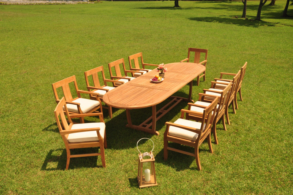11-Piece Outdoor Teak Dining Set: 117" Masc Extn Oval Table, 10 Osbo Arm Chairs