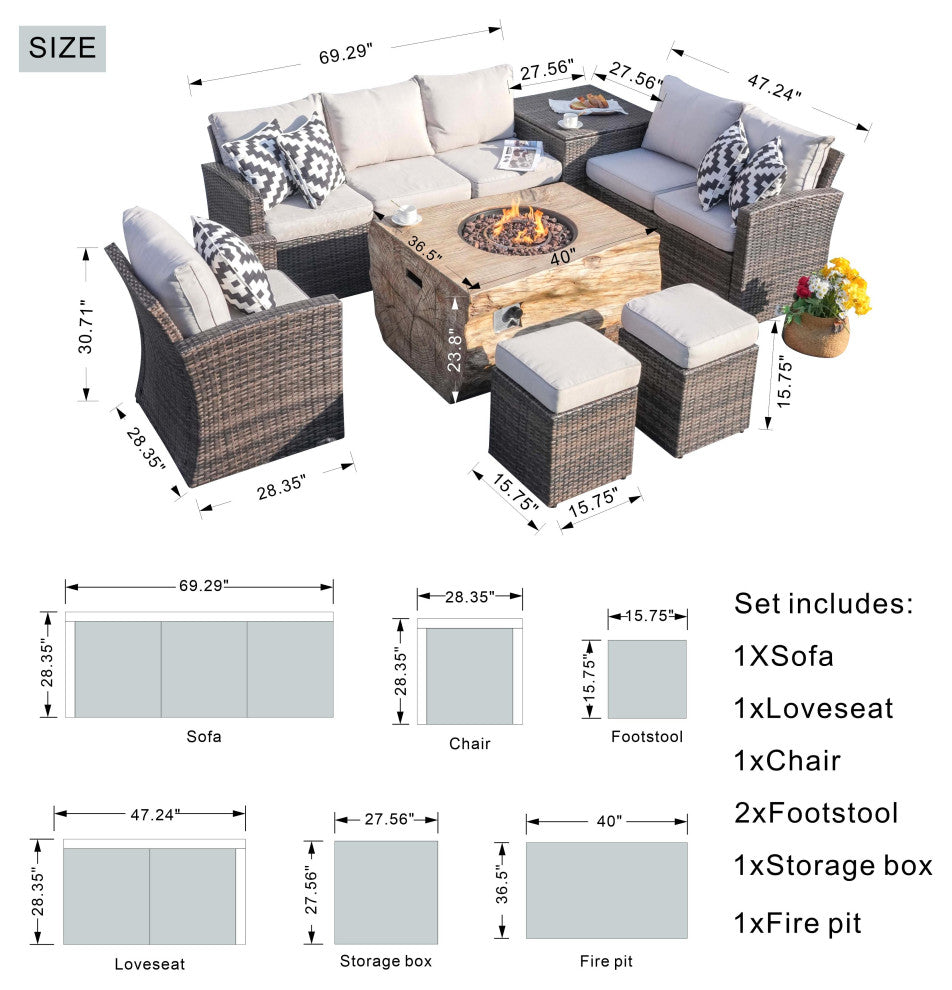 7-piece Patio Wicker Garden Chat Sofa Set with Fire pit and Storage Box, Rectangle