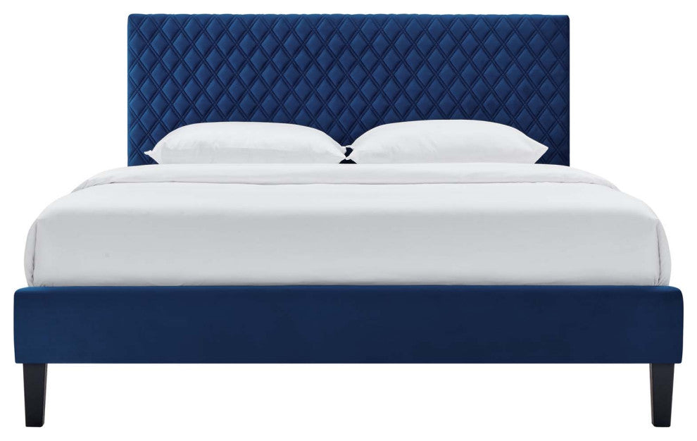 Platform Bed Frame, King Size, Blue Navy, Velvet, Modern, Bedroom Guest Suite