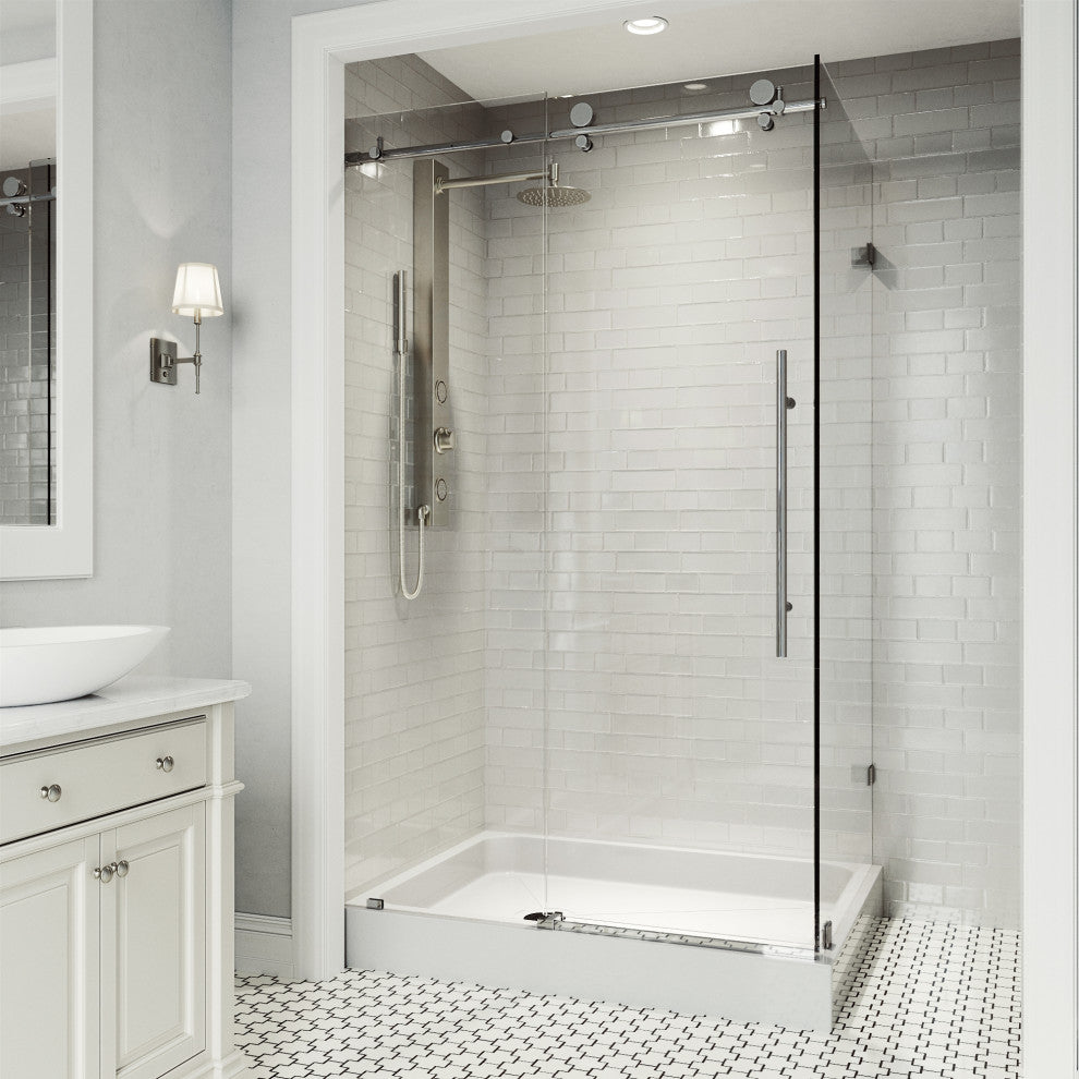 VIGO Elan E-Class Frameless Sliding Shower Enclosure, Chrome, 36" D X 48" W X 82" H, Left Base
