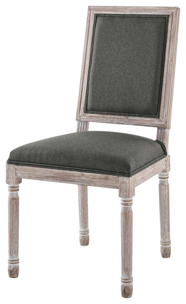 French Vintage Side Dining Chair, Fabric, Wood, Brown Natural Gray, Modern