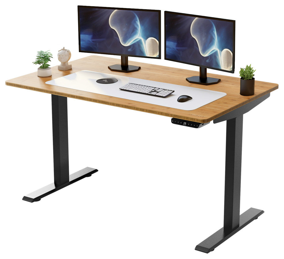Rise Up Electric Adjustable Height Sit/Stand Office Desk, Black + Bamboo