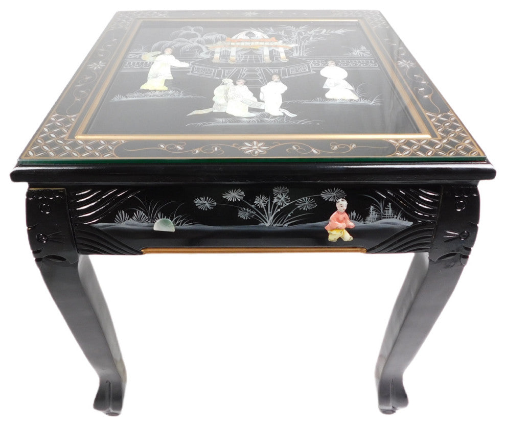 Dragon Leg Oriental End Table Inlaid Pearl, Black Lacquer