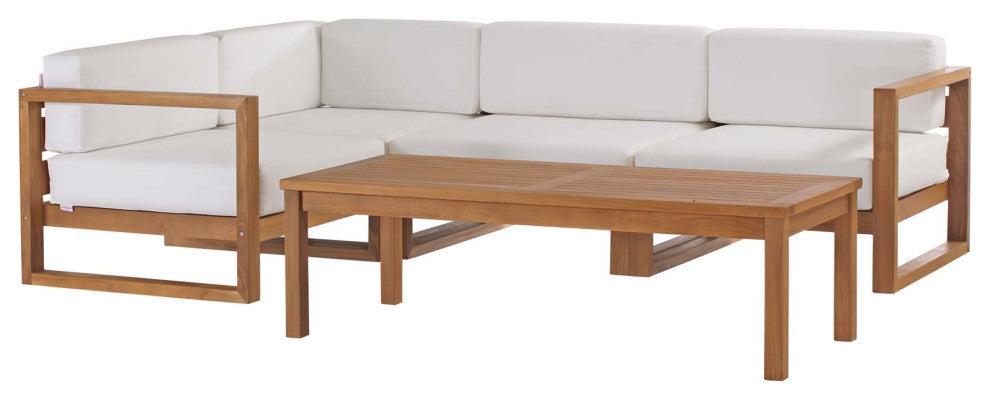 Sectional Sofa Chair Table Set, White Natural, Teak Wood, Modern, Outdoor Patio