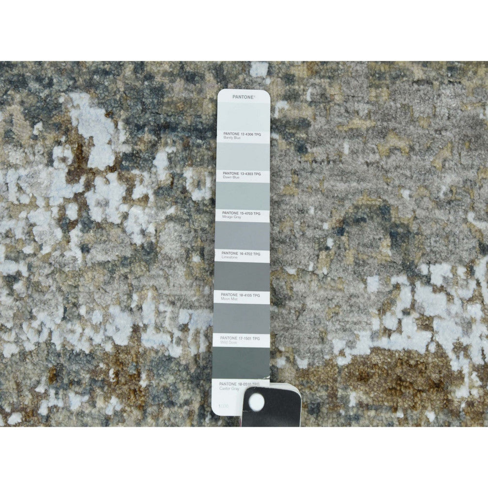 Ash Gray, Hand Knotted Abstract Design, Pure Wool XL Runner Rug, 2'6"x20'3"