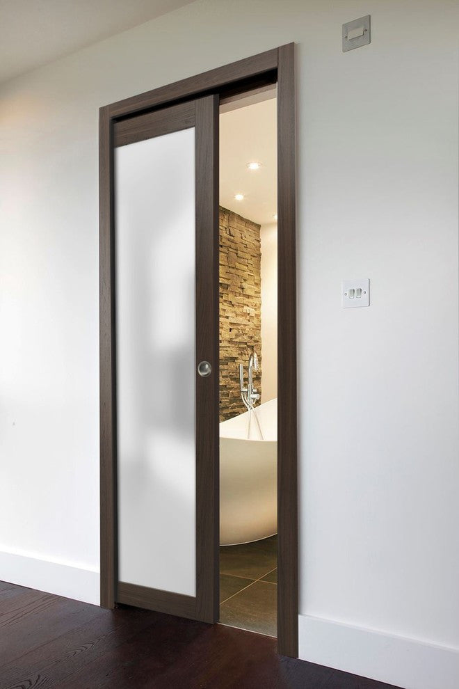 Planum 2102 Sliding Pocket Door 18 x 84, Chocolate Ash Track Pulls