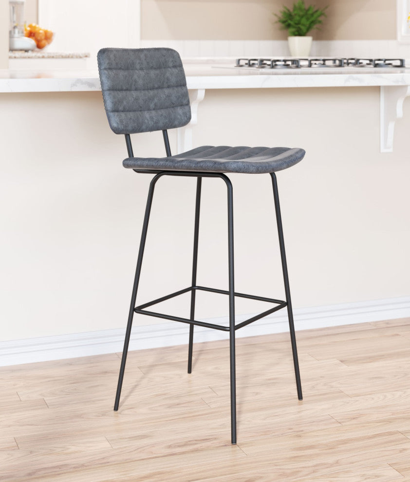 Bar Stool Chair Barstool, Set of 2, Faux Vinyl Leather, Steel, Vintage Black