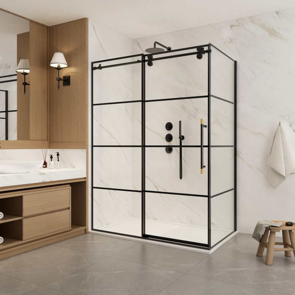 Losar Rectangle Sliding Framed Shower Enclosure, Matte Black, 56" W X 78"h