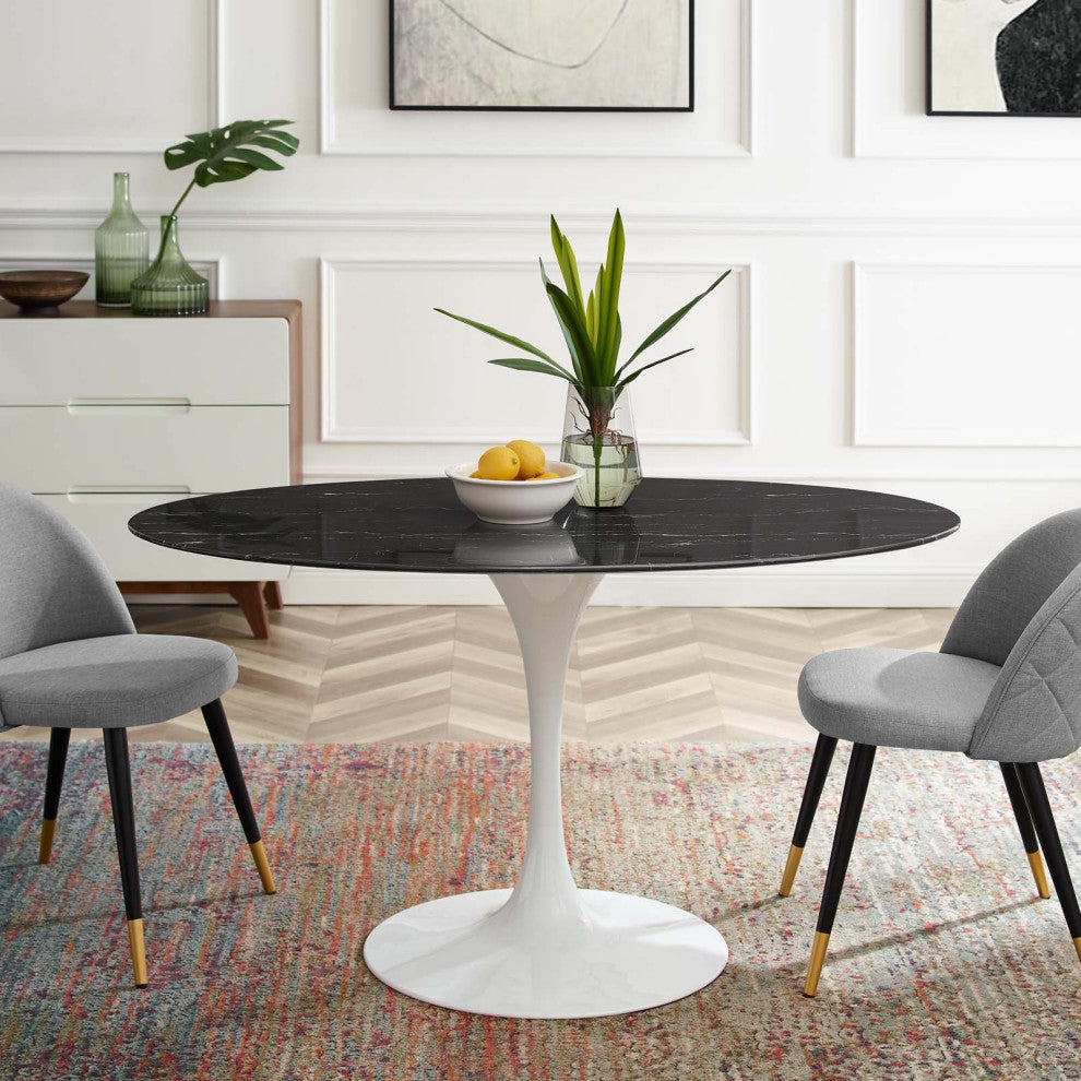 54" Dining Table, Round, Black White, Artificial Marble, Metal, Modern