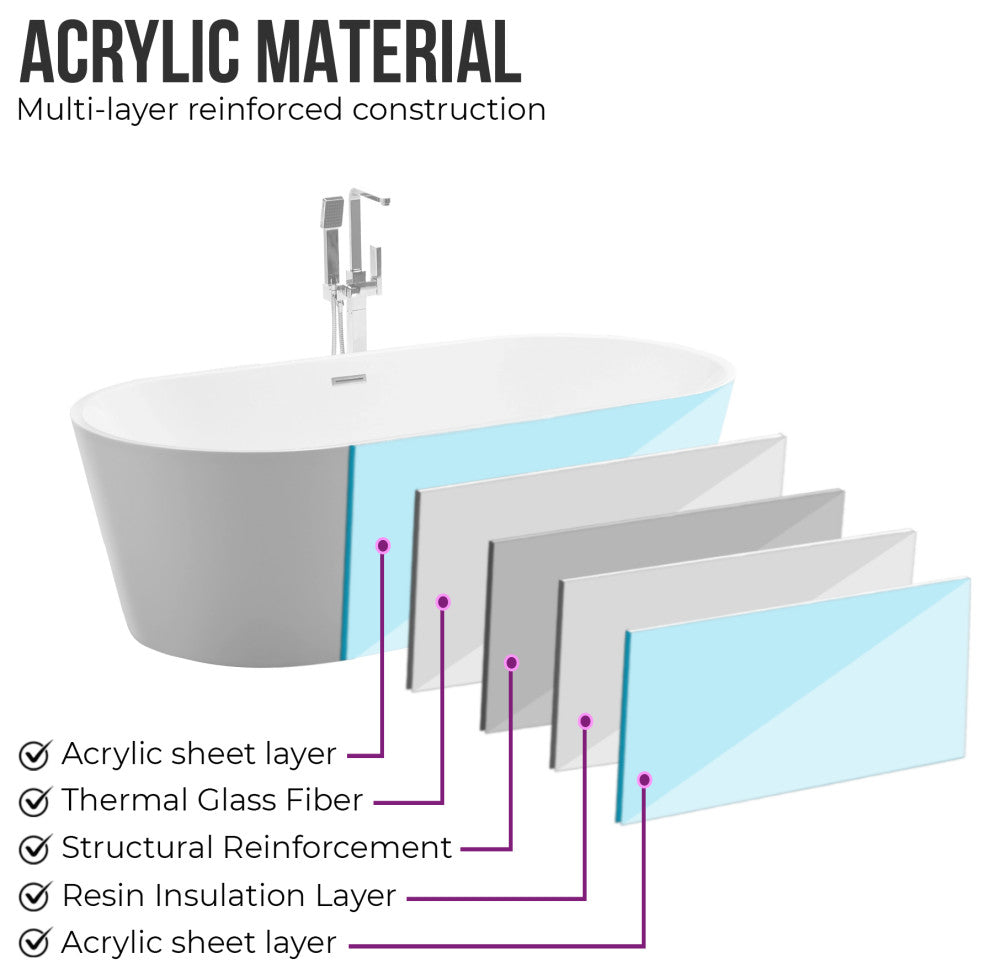 Freestanding Acrylic Bathtub, White/Polished Chrome, 59"