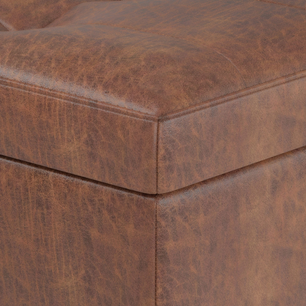 Shay Mid Century Rectangular Storage Ottoman, Distressed Saddle Brown