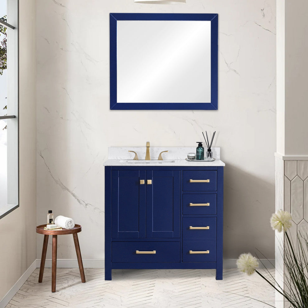 36" W Freestanding Bath Vanity, Navy Blue with Fish Belly Engineered Top