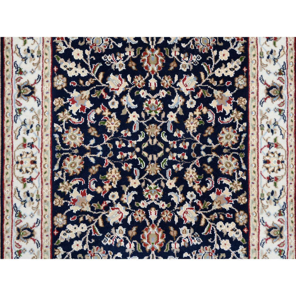 Midnight Blue Nain 250 KPSI Wool and Silk Hand Knotted Runner Rug 2'9" x 14'0"