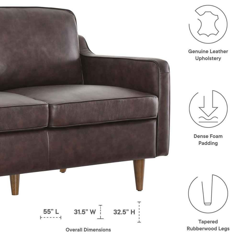 Loveseat Sofa, Brown, Leather, Modern, Mid Century Hotel Lounge Cafe Lobby