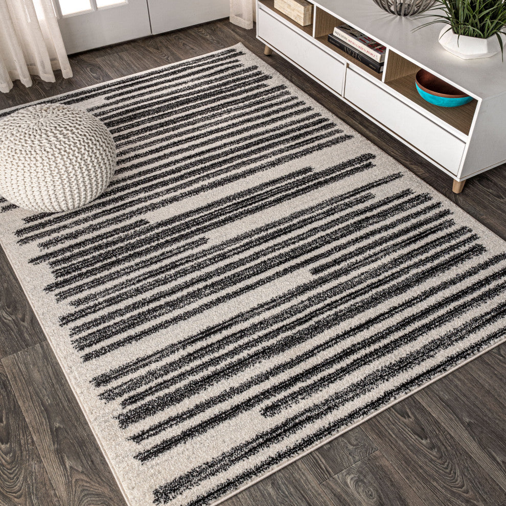Khalil Modern Berber Stripe Area Rug, Cream/Black, 12 Ft. X 18 Ft.