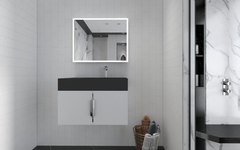 CastelloUSA Amazon 30" Right Wall Mounted Bathroom Vanity Set, White, Black Top, Brushed Nickel