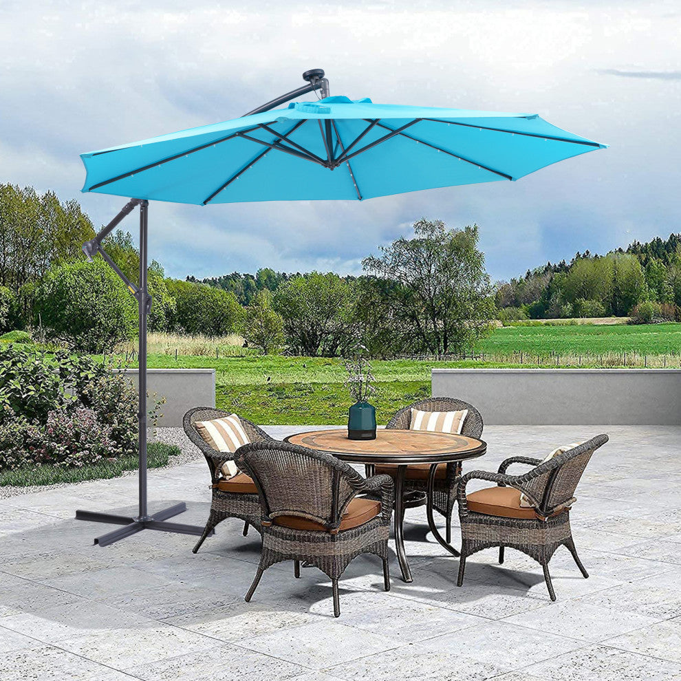 10' Steel Patio Hanging Cantilever Umbrella With 32 Solar LED Lights, Blue