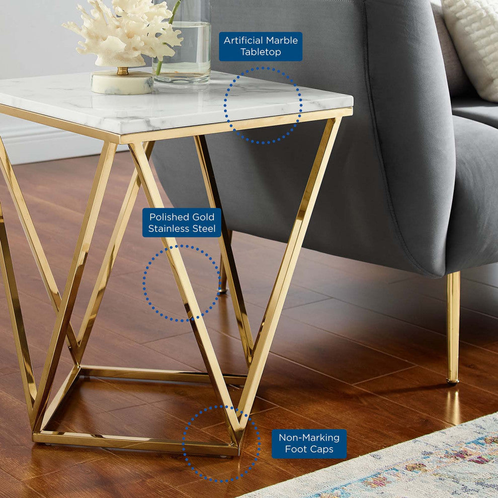 Sofa Side Table, Square, Artificial Marble, Metal, Gold White, Modern, Lounge