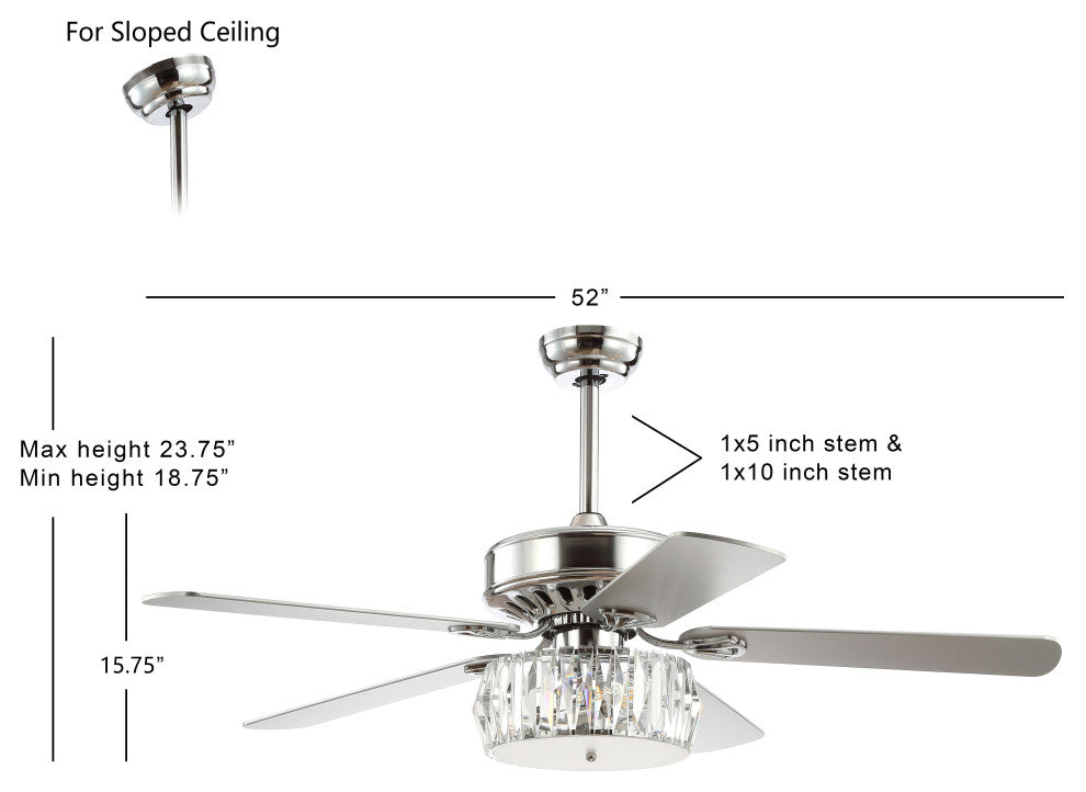 Kris 42" 3-Light Crystal LED Ceiling Fan With Remote, Chrome