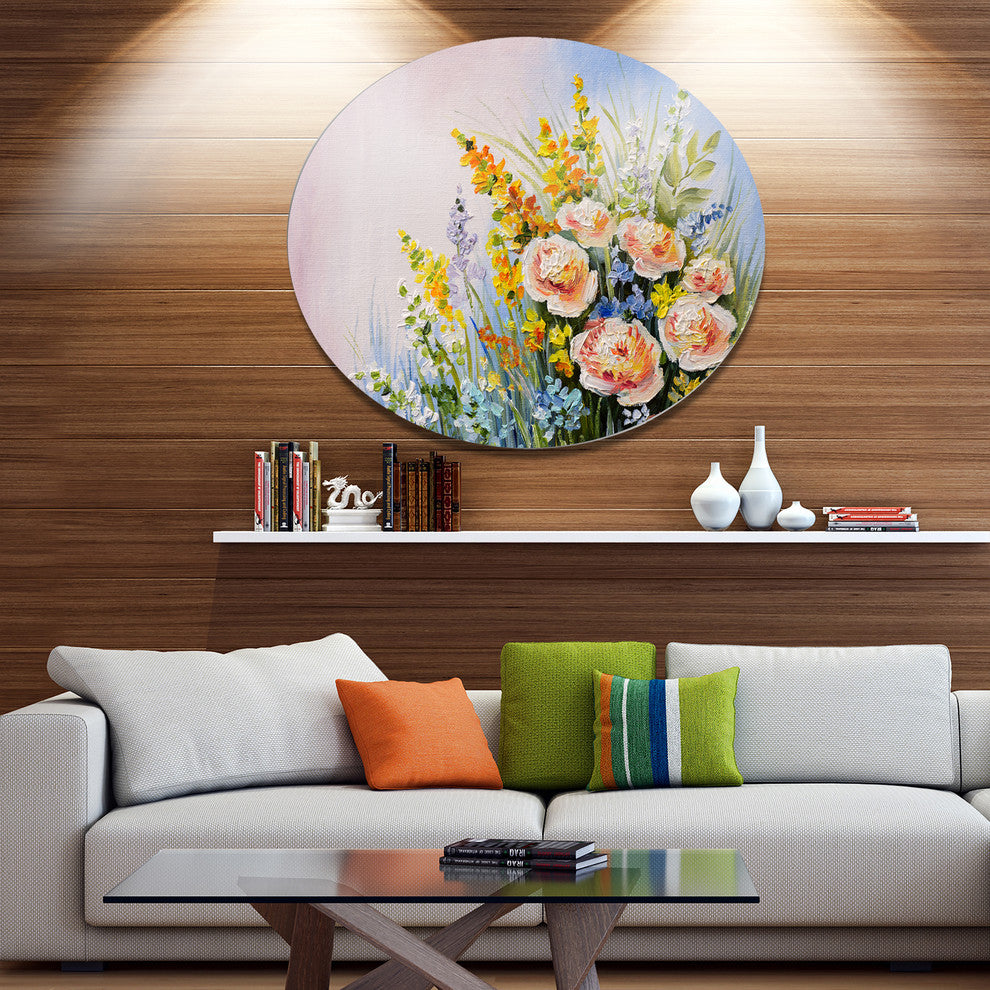 Abstract Bouquet Of Summer Flowers, Flower Disc Metal Wall Art, 23"
