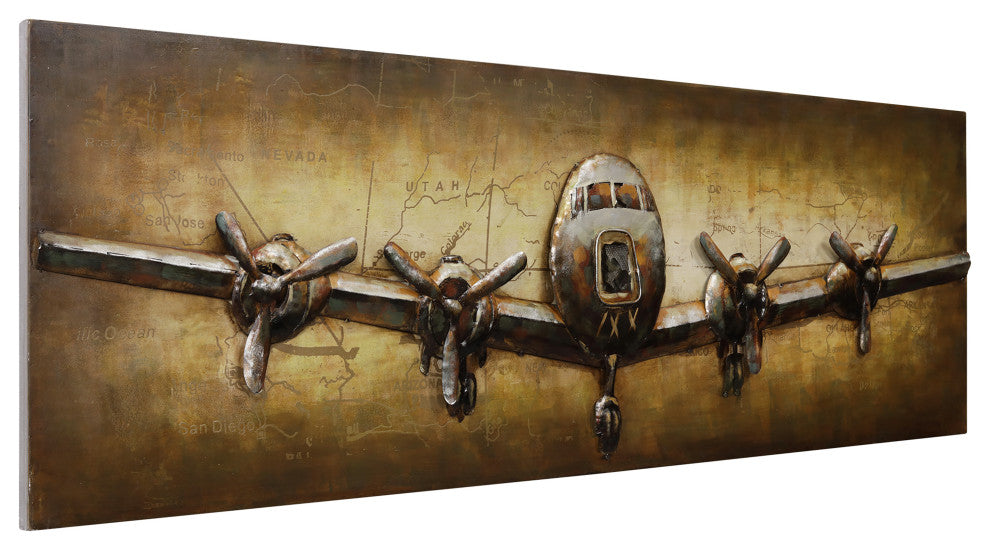 "Airplane" Mixed Media Iron Hand Painted Dimensional Wall Art, 24"x72"