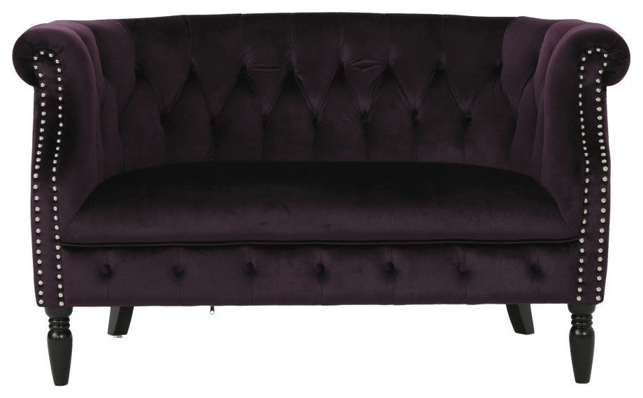GDF Studio Melaina Tufted Scroll Arm New Velvet Loveseat, Blackberry