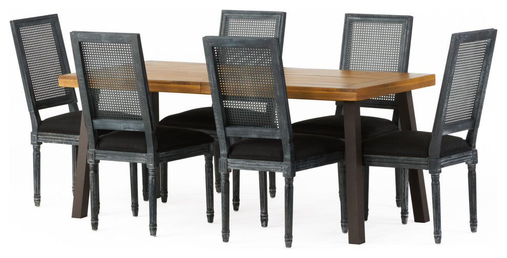 Whitten Farmhouse Fabric Upholstered Wood and Cane 7 Piece Dining Set, Black + Gray + Rustic Metal + Natural Stained