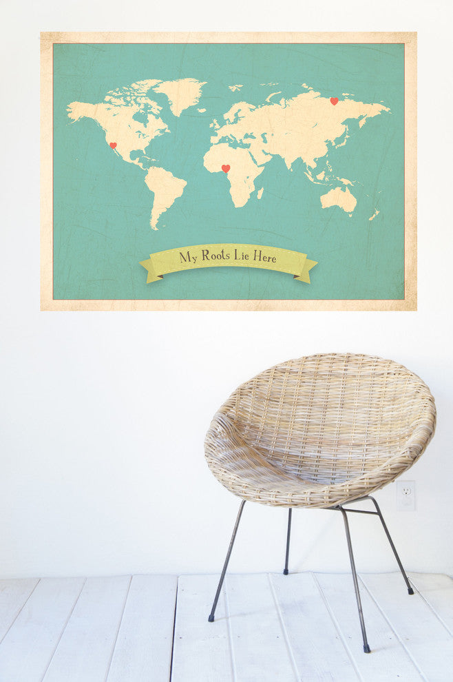 My Roots Personalized World Map in Blue 24"x18" Wall Art Poster