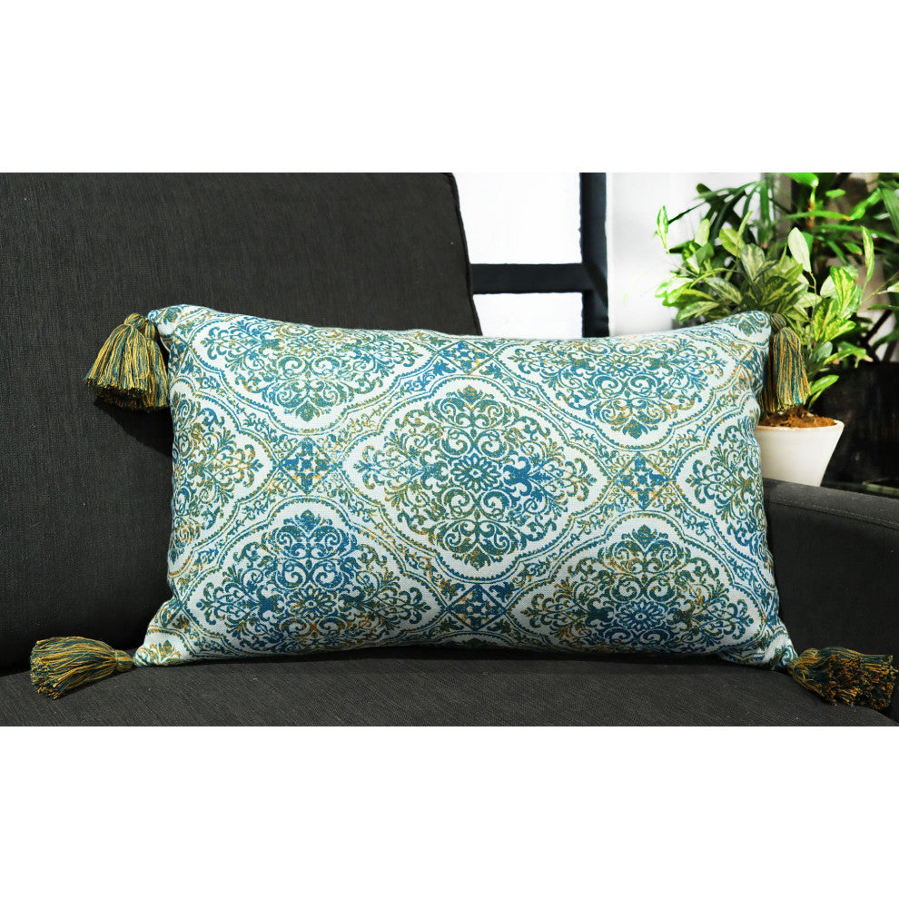 Blue Machine Woven with Tassels Vista Throw Pillow, 16" x 26"