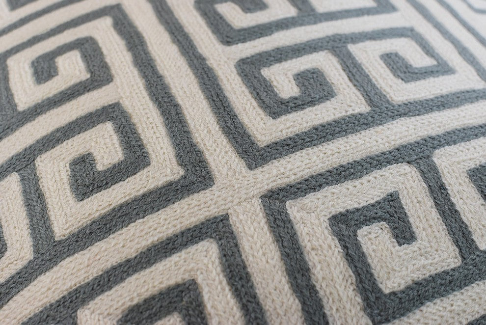 Greek Key Geometric Ivory Gray Accent Pillow Cover Handembroidered Wool 20x20"