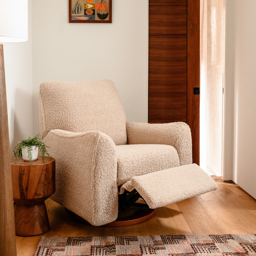 Sunday Power Recliner and Swivel Glider, Chai Shearling With Dark Wood Base