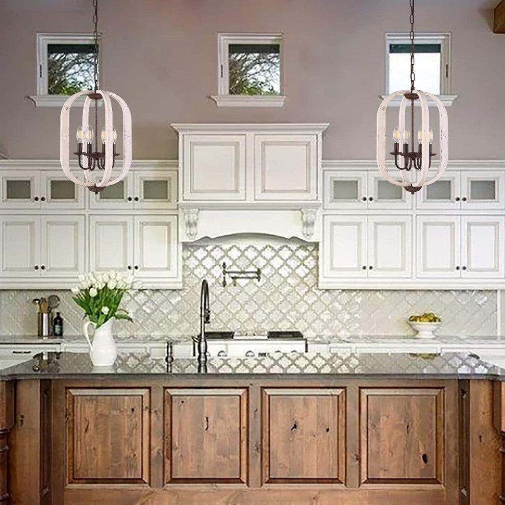 4 Light Wood Chandelier Mini Hanging Pendant Lighting With Retro White Finish