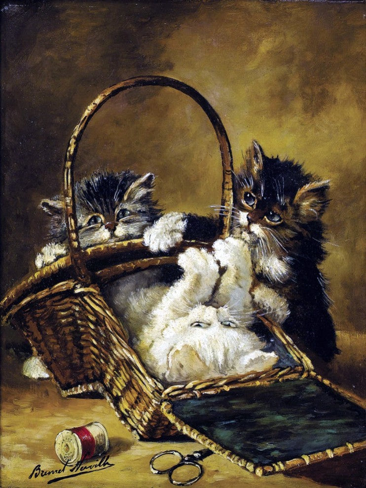 Kitten and A Basket Tile Mural Kitchen Bathroom Wall Backsplash, 6"x8", Glossy