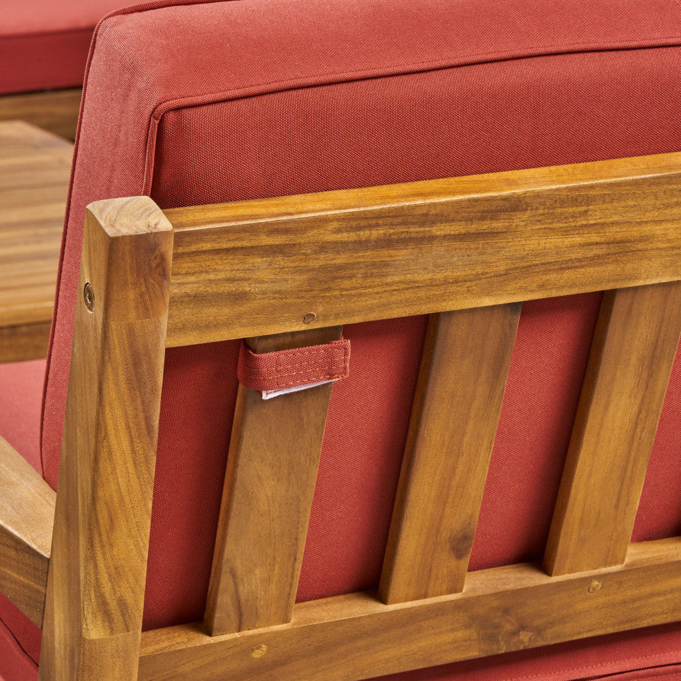 GDF Studio Christian Outdoor Acacia Wood Loveseat/Coffee Set, Teak Finish/Red