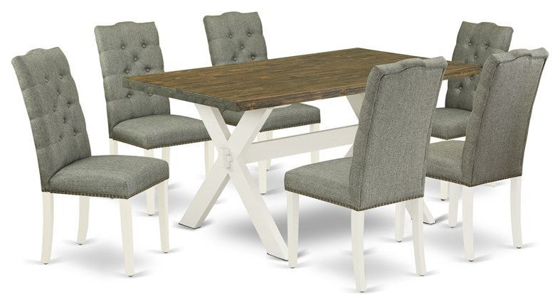 X076El207-7, 7-Piece Set, 6 Chairs, Table Top and Wooden Cross Legs