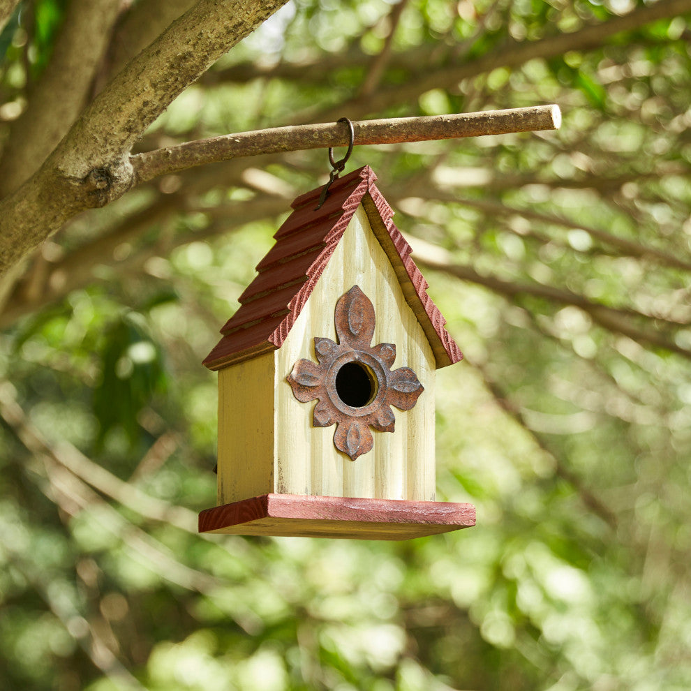 8.94"H Rustic Garden Distressed Wooden Birdhouse, Gambrel Roof