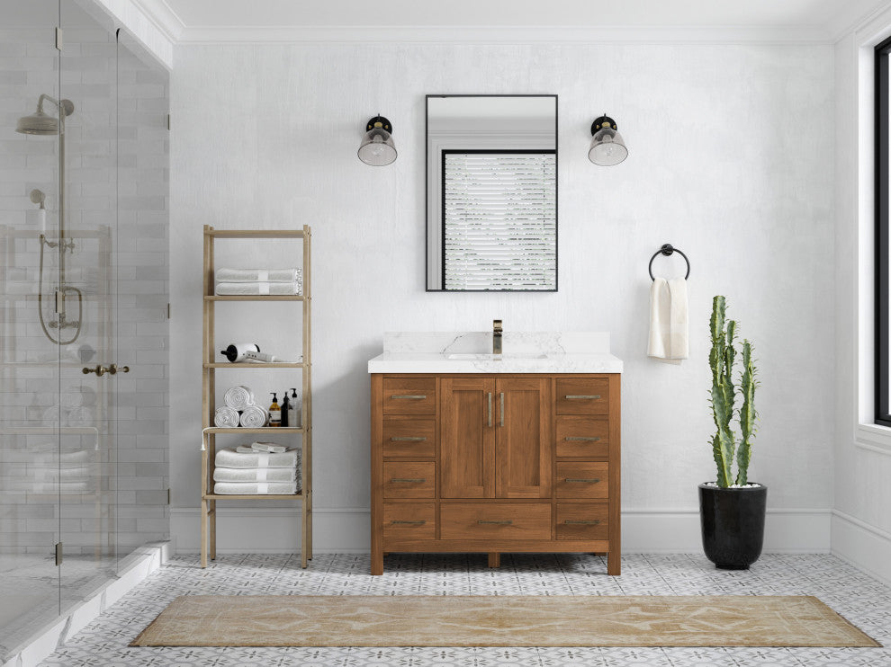 Malibu Teak 42 Single Sink Bath Vanity in Golden Teak 2" Calacatta Nuvo