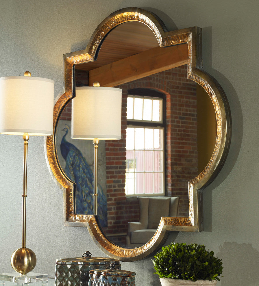 Designer 40" Hammered Gold Quatrefoil Wall Mirror, Square Vanity Vintage Style