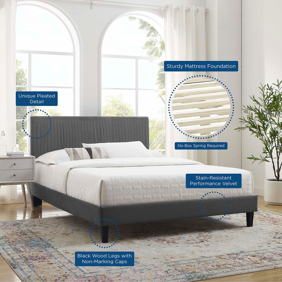 Platform Bed Frame, Twin Size, Velvet, Dark Grey Gray, Modern Contemporary