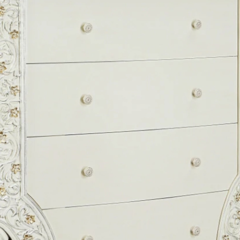 Benzara BM275673 Classic Ornate Carved Tall Dresser Chest, 4 Drawer, Wood, White