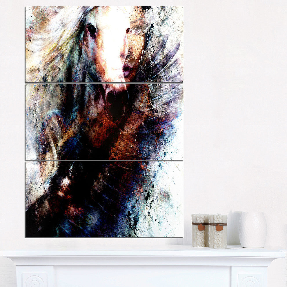 "Woman and Horse With Flying Eagle" Collage Metal Wall Art, 3 Panels, 28"x36"