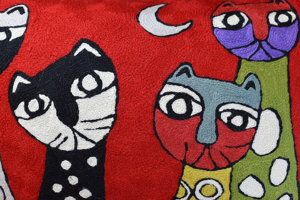 Lumbar Red Pillow Cover Cat Picasso Four Kitties Pillowcase Handmade Wool 14x20