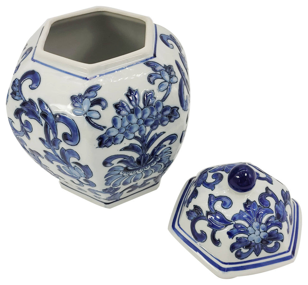 12" Blue and White Chinoiserie Ceramic Jar
